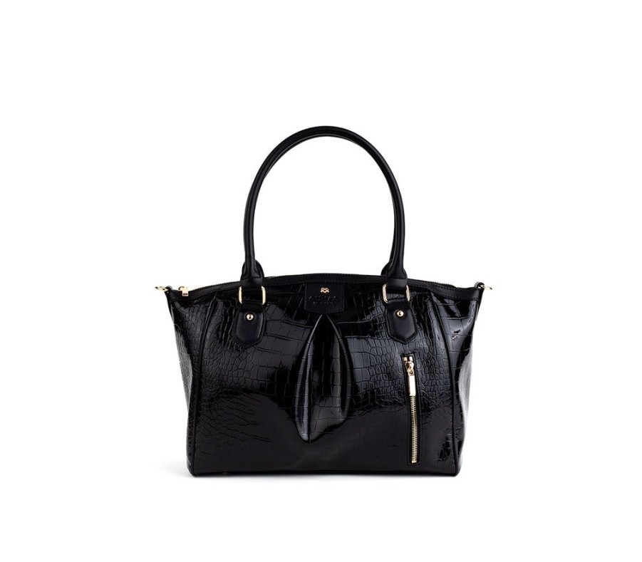 Handbags GUNAS NEW YORK | Gunas New York Madison Black Croc Vegan Shoulder Bag