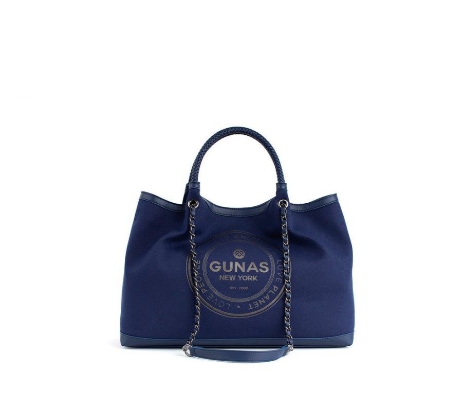 Handbags GUNAS NEW YORK | Gunas New York Ruth Dark Blue Vegan Canvas Tote Shoulder Bag