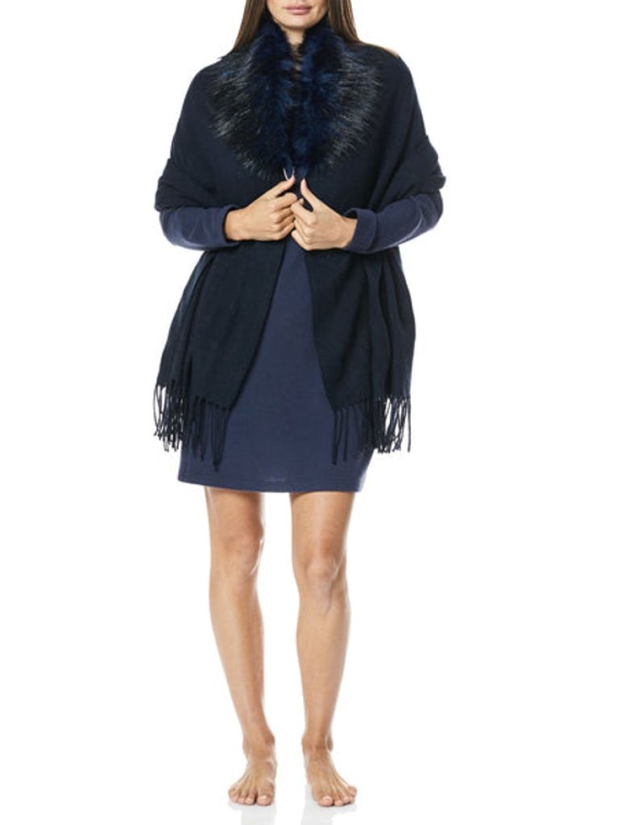 Women GingerLilly Sleepwear | Gingerlily Shawl With Fur Lined Collar Blue Navy