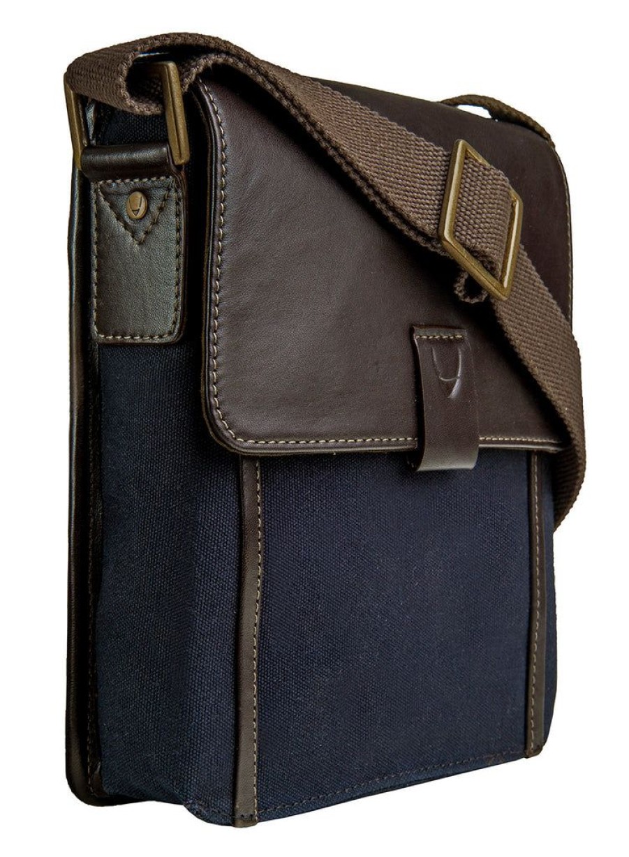 Men Hidesign Satchels & Messengers | Hidesign Aiden Small Canvas Leather Cross Body Brown Blue