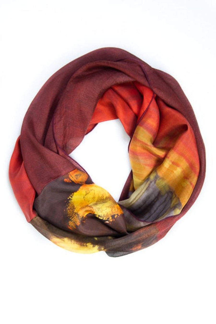 Women Ellen Brook Scarves | Ellen Brook Mixed Silk Infinity Scarf Ethereal Burgundy, Chocolate And Sunshine