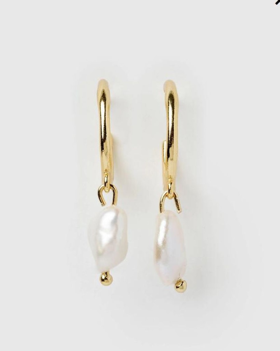 Jewellery Izoa Earrings | Izoa Enlighten Mini Hoop Earrings Gold Freshwater Pearl