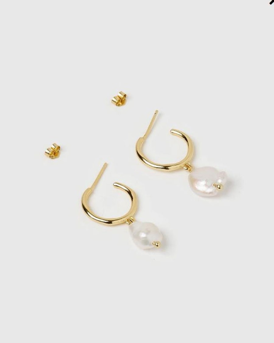 Jewellery Izoa Earrings | Izoa Enlighten Mini Hoop Earrings Gold Freshwater Pearl