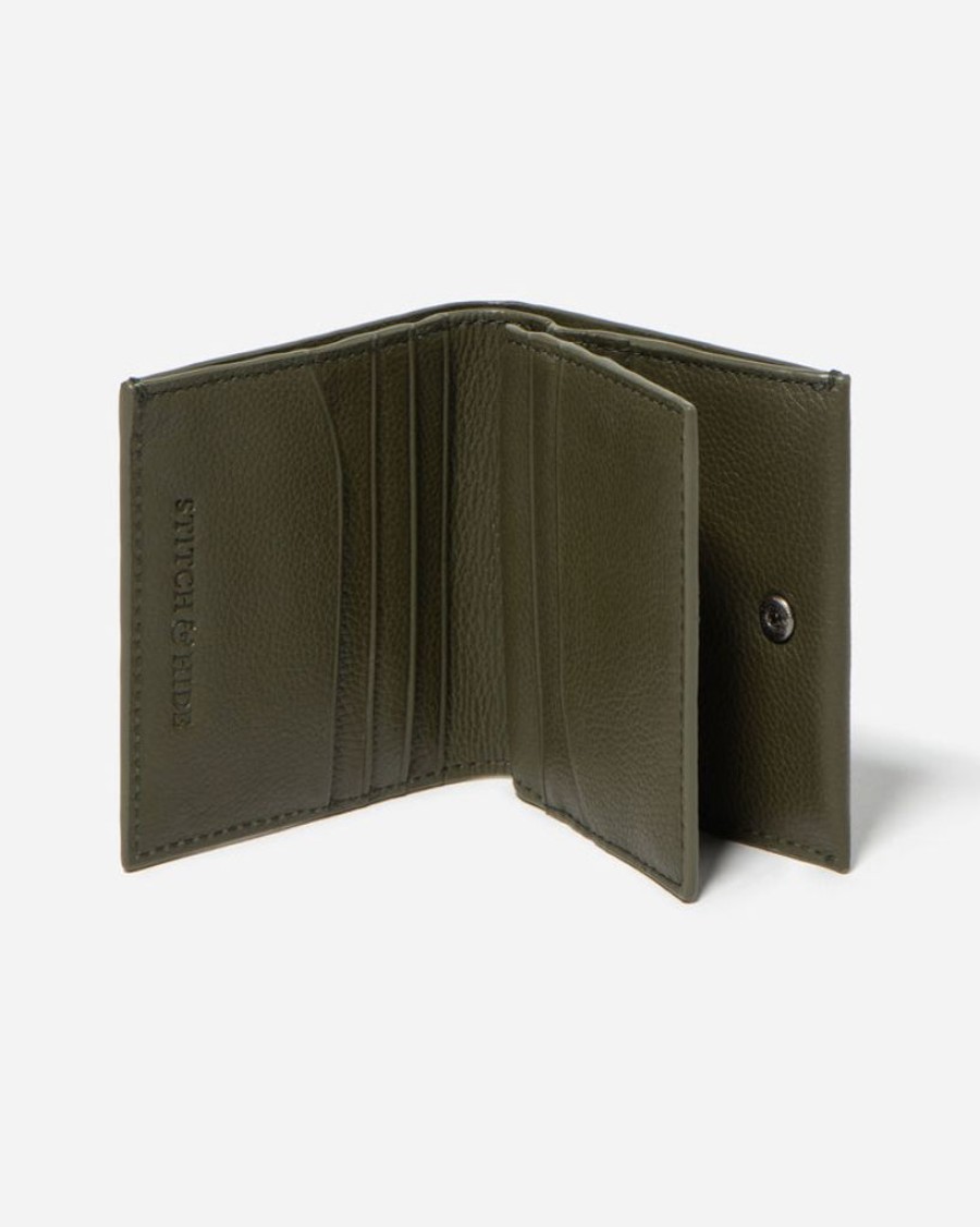 Wallets Stitch & Hide Bifold & Trifold Wallets | Stitch & Hide Leather Hudson Wallet Snap Button Olive Green