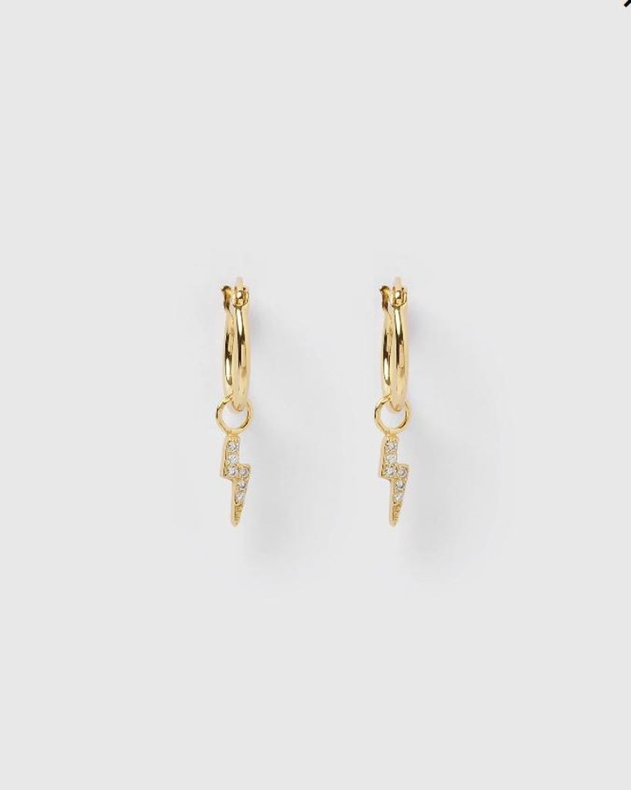 Jewellery Izoa Earrings | Izoa Lightning Bolt Huggie Earrings Gold