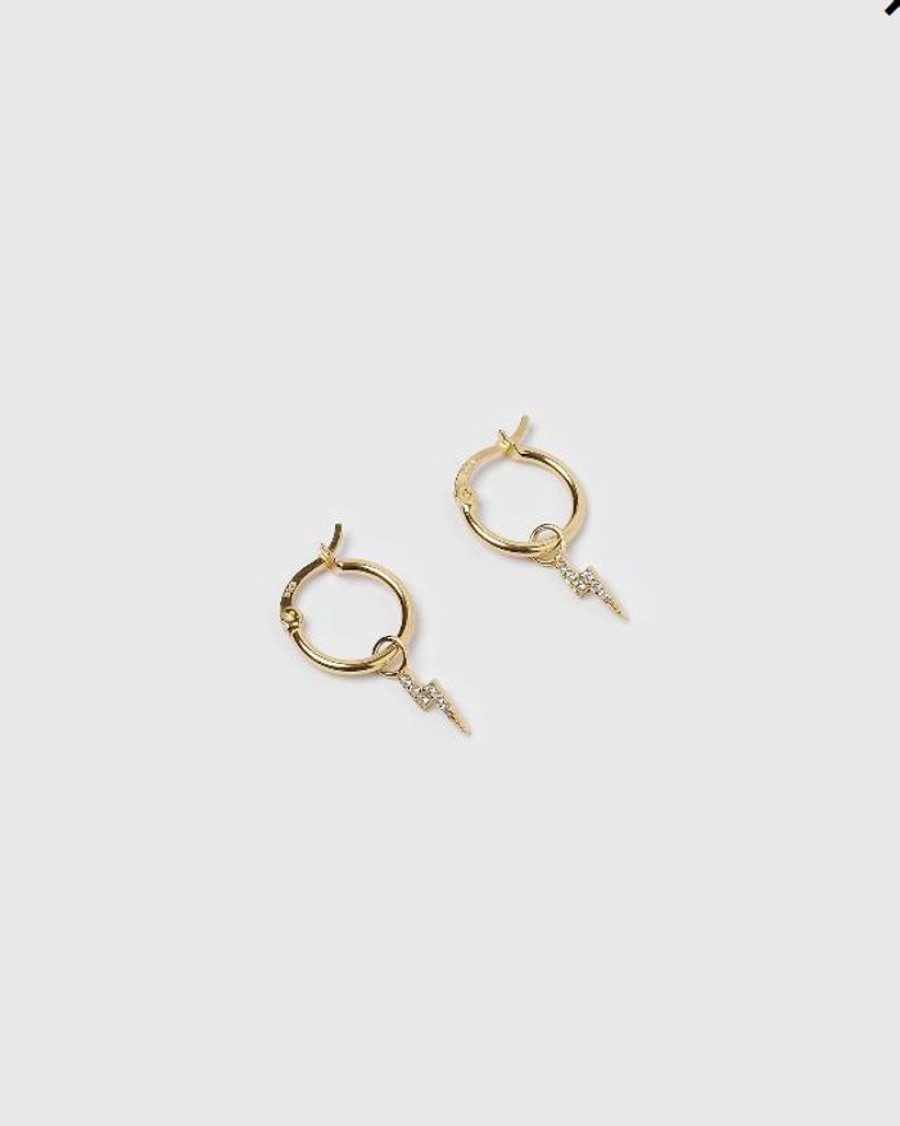 Jewellery Izoa Earrings | Izoa Lightning Bolt Huggie Earrings Gold