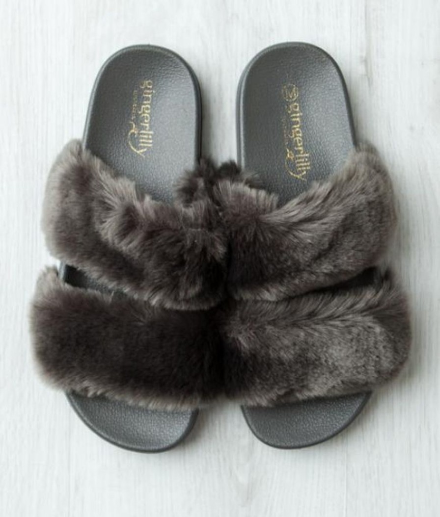 Women GingerLilly Sleepwear | Gingerlily Double Strap Faux Fur Slide Grey