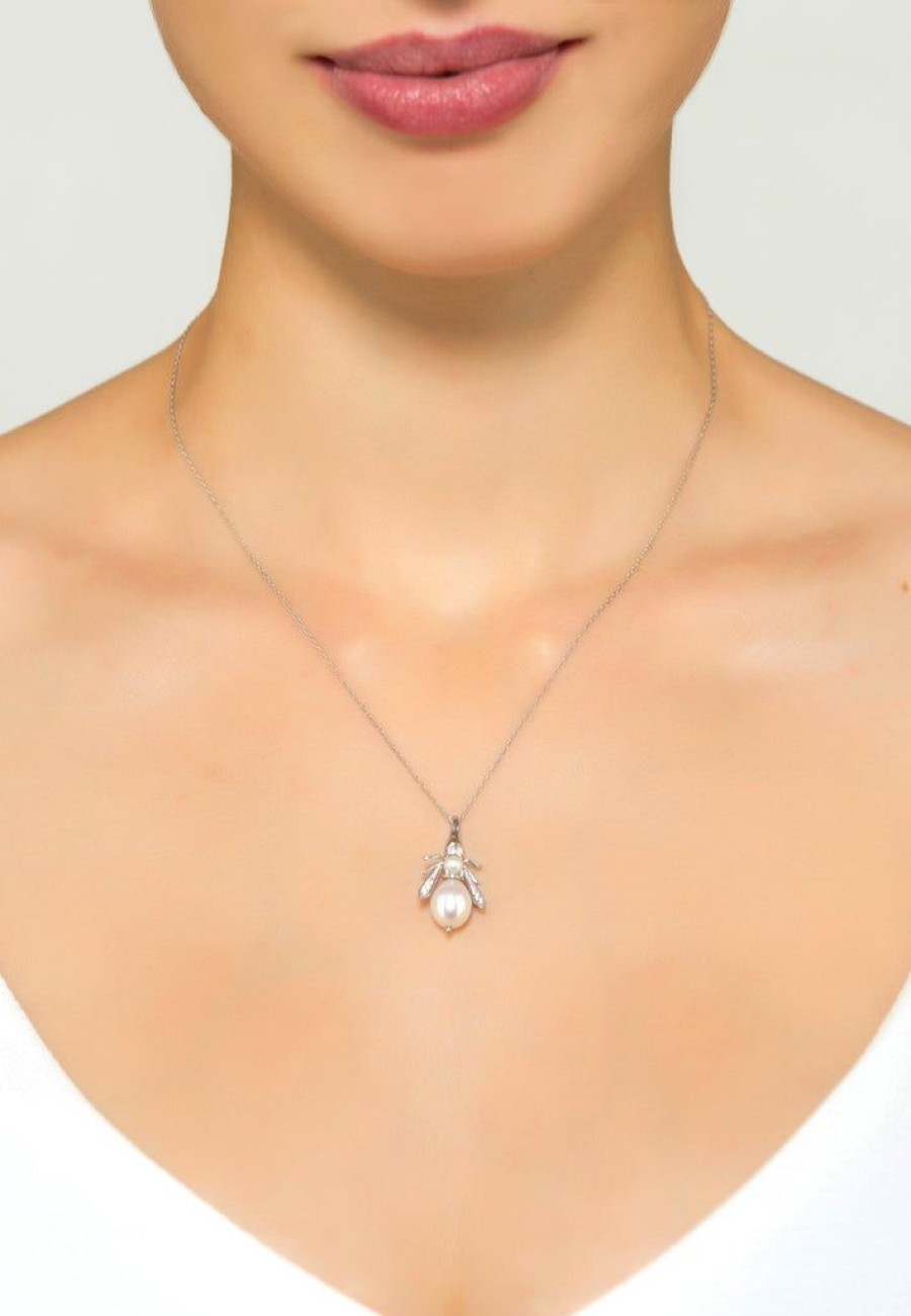 Jewellery Latelita London Necklaces | Latelita Pearl Gemstone Honey Bee Pendant Necklace Silver