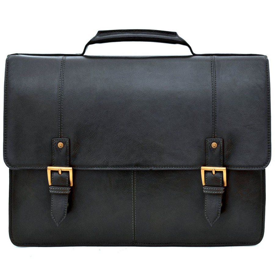 Men Hidesign Briefcases | Hidesign Charles Large Double Gusset Leather 17" Laptop Compatible Briefcase Work Bag Black