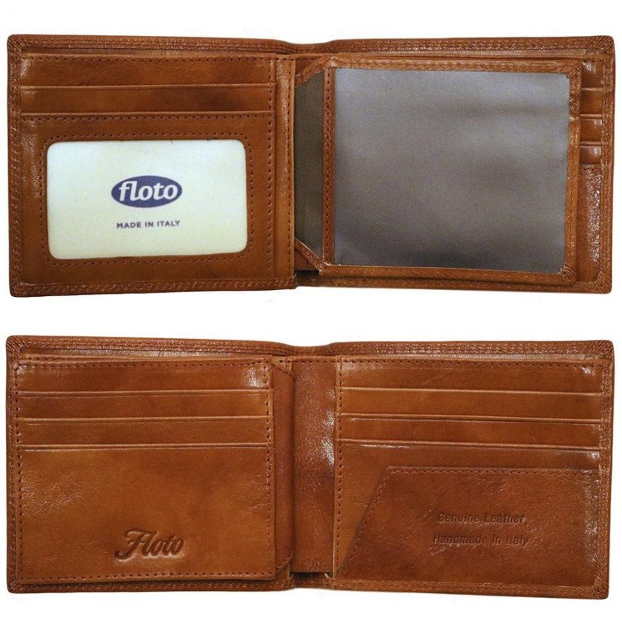 Wallets Floto Leather Bifold & Trifold Wallets | Floto Leather Roma I.D. Wallet Olive (Honey) Brown