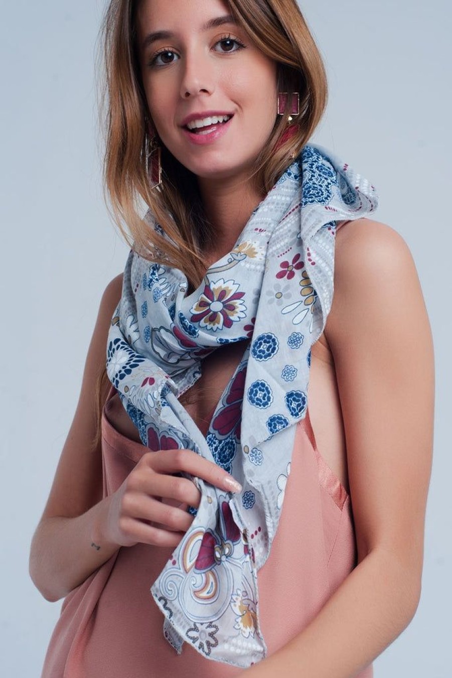 Women Q2 Scarves | Q2 Gray Cotton Silk Scarf With Flower Print