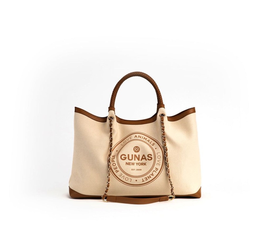 Handbags GUNAS NEW YORK | Gunas New York Ruth Off White Tan Vegan Canvas Tote