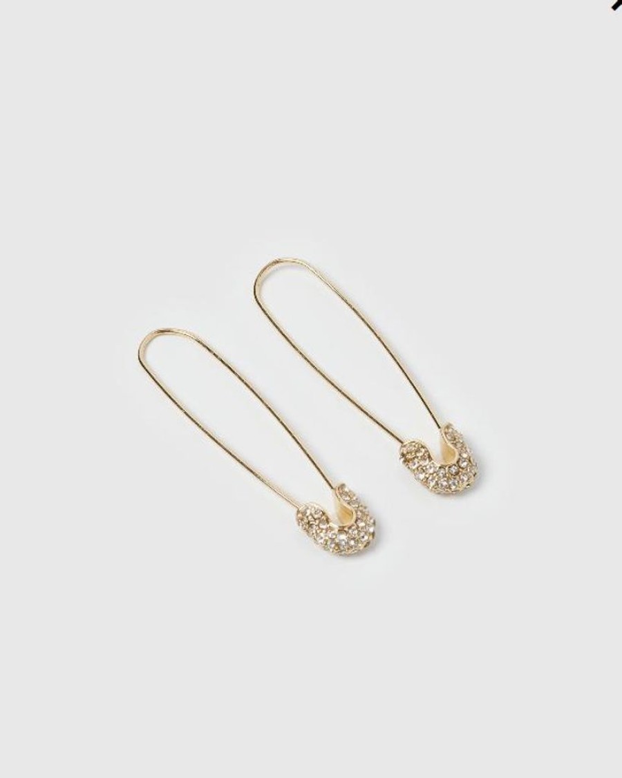 Jewellery Izoa Earrings | Izoa Justice Safety Pin Earrings Gold Crystal