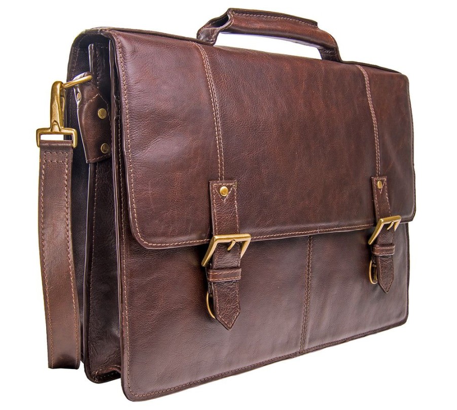 Men Hidesign Briefcases | Hidesign Charles Large Double Gusset Leather 17" Laptop Compatible Briefcase Work Bag Brown