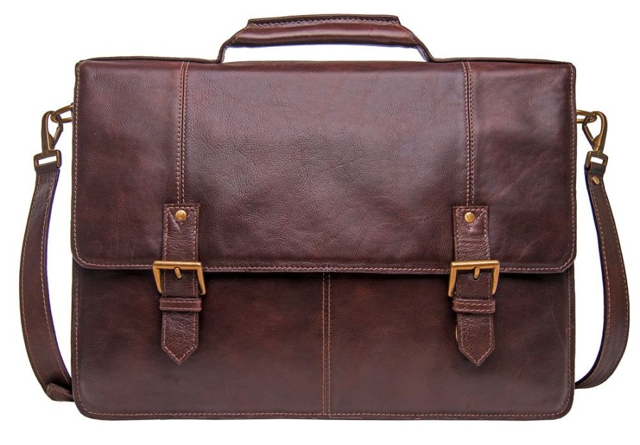 Men Hidesign Briefcases | Hidesign Charles Large Double Gusset Leather 17" Laptop Compatible Briefcase Work Bag Brown