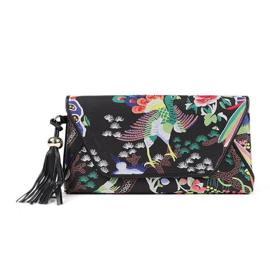 Handbags Desti Saint | Desti Saint Chinoiserie Suede Envelope Clutch Black